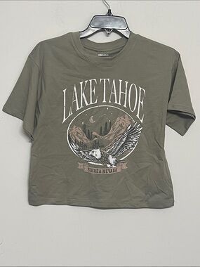 🌞 Organic Collective  Olive Green 2-Sided Lake Tahoe Graphic Tee women size S